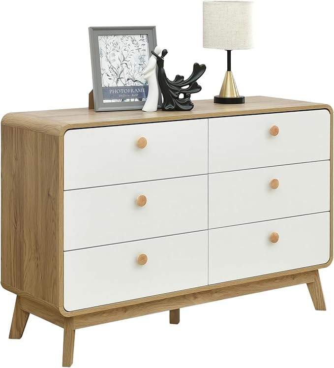 ELISA HOME Aries 6 Drawer Dresser for Bedroom, 47.3″ W Perfect for organizing Clothes, linens, or Accessories., Ideal for The Bedroom, Hallway, Nursery, or Living Room, Oak/White