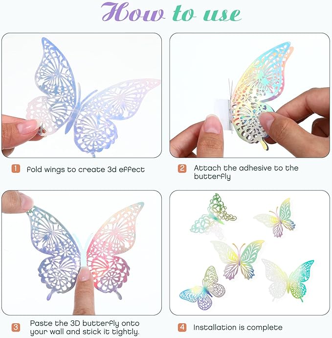 3D Gold Butterfly Wall Decor 3 Sizes 4 Styles Butterfly Party Decorations Cake Decorations Removable Stickers Wall Decor Room Mural Metallic Kids (Laser Colored, 96Pcs)