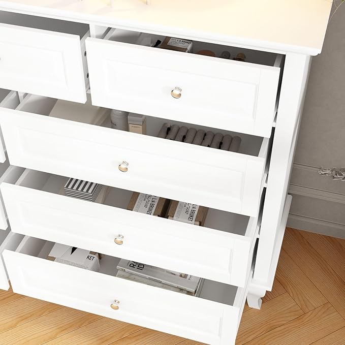 Chest of Drawers 9 Drawer Dresser for Bedroom, Modern White Dresser with Silver Knobs, Wide 9 Drawer Chest with Wood Legs for Bedroom Living Room, 15.7”D x 55.1”W x 37”H