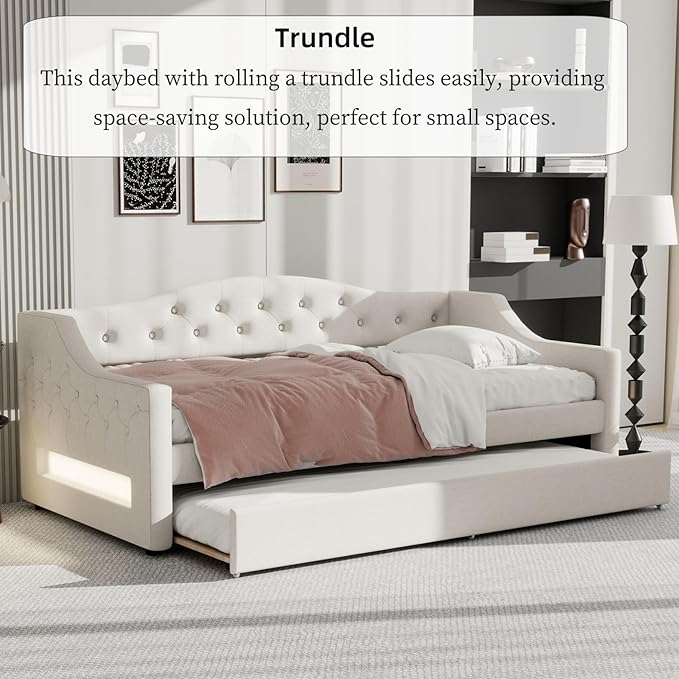 Merax Twin Size Linen Corner Daybed with Trundle and LED Belt, Upholstered Headboard Captain Bed Frames for Small Room, Bedroom, Guest Room, Kids' Room, White