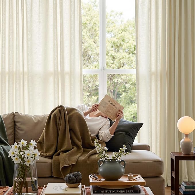 jinchan Linen Blend Curtains 63 inch Length 2 Panels for Bedroom Living Room, Semi Sheer 50 inch Wide Farmhouse Cottage Core Style Drapes with Rod Pocket Back Tab(50W x 63L, Ivory)