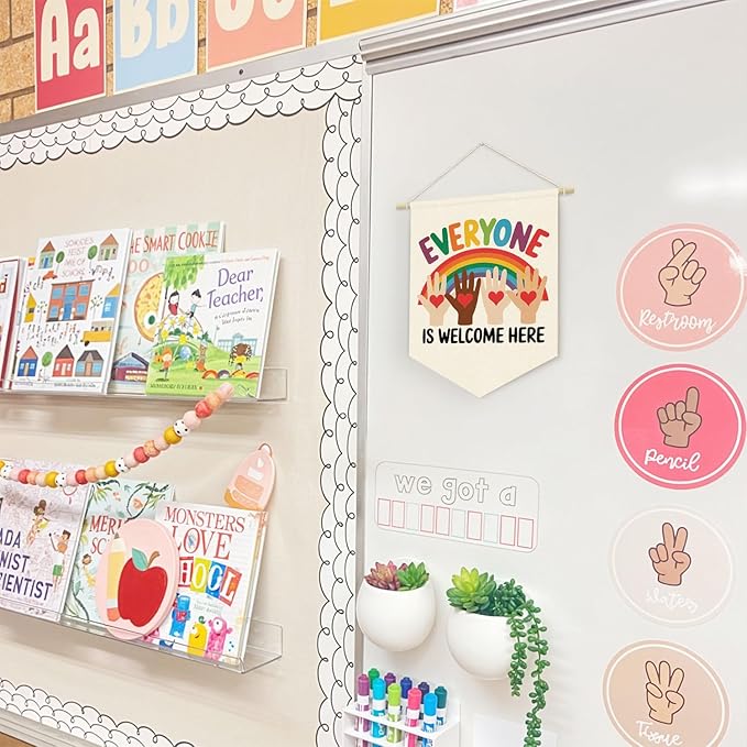 Classroom Door Wall Decorations, Inspirational Diversity Linen Canvas Banner, Everyone Is Welcome Inclusive Equality Wall Hanging Pennant Flag Banner, School Counselor Office Must Haves, 15x11in