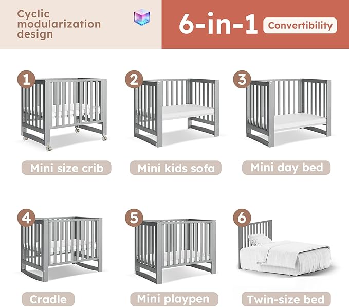 MAMAZING EvoNest Baby Crib, 6 in 1 Convertible Mini Crib with Wheels, 100% New Zealand Wood Growing Bed, 4 Adjustable Mattress Height, GREENGUARD Gold Certified, Grey