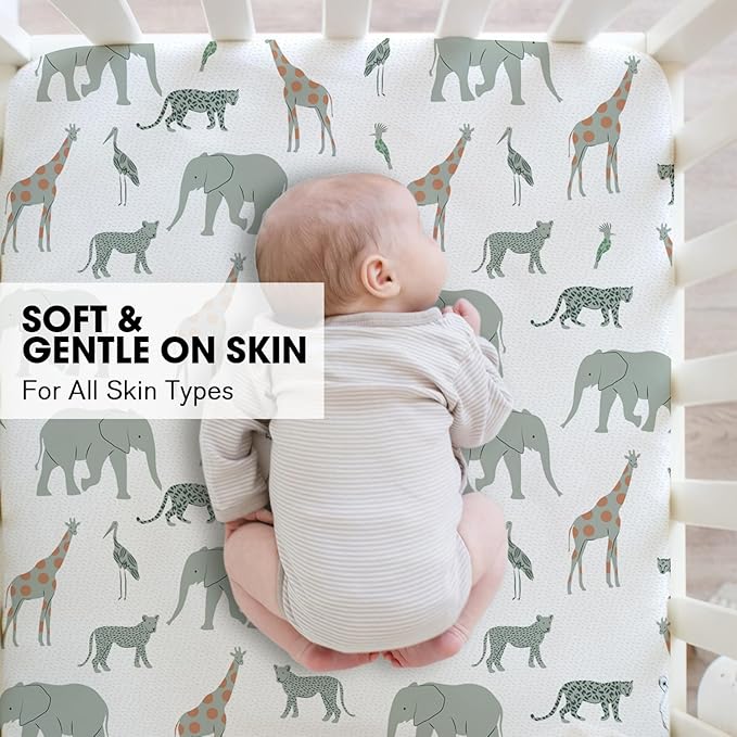 Little Grape Land Crib Sheets 4 Pack for Boys and Girls, Baby Neutral Crib Fitted Sheets for Standard Crib & Toddler Mattress, Super Soft Breathable Fitted Crib Sheet Set, Leaves & Safari