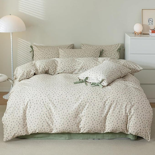 HighBuy Soft Cotton Duvet Cover Full Girl Floral Coquette Bedding Boho Duvet Cover Full with 2 Bowknot Bow Tie Pillowcases,Fresh Garden Floral Comforter Cover Coquette 3 Piece Bedding Set