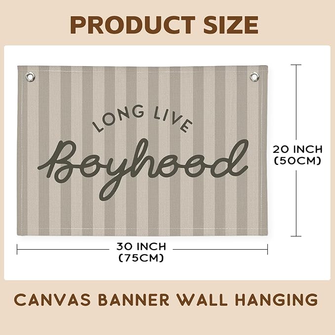 Long Live Boyhood Banner, Boy Nursery Decor, Canvas Banner Wall Hanging Flag Decor for Nursery Playroom Toddler Room, Boys Kids Room - Gray