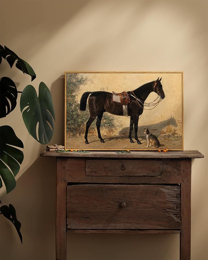 ARPEOTCY Framed Canvas Horse Wall Art, Classical Horse and Dog Art Print for Home Decor, Large Rustic Farmhouse Country Wall Decor for Living Room, Bedroom, Bathroom, Office, 16x24 inch