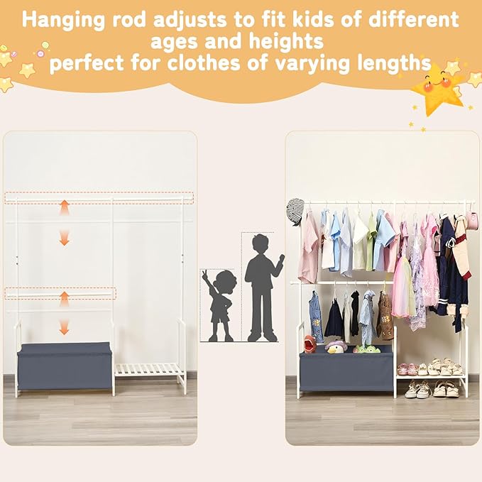 Kids Clothing Rack with Storage, Baby Clothes Rack Organizer Made of Natural Bamboo, Adjustable Hanging Rods for Dresses, Jackets, T-Shirts, Child Safe kids closet for Bedroom or Playroom