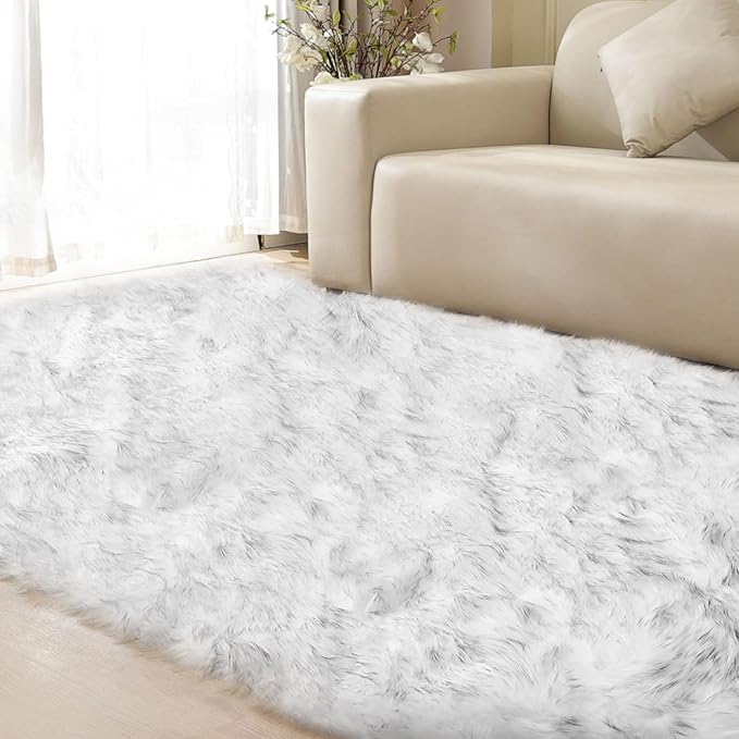 White and Grey Rug 8x10 Area Rugs for Living Room Machine Washable Shag Faux Sheepskin Furry Fur Rug Large Nursery Rectangle