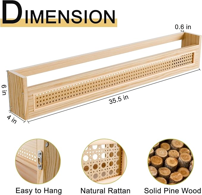 Wood and Rattan Wall Shelf - 36'' Nursery Floating Shelves for Storage, U-Shape Natural Pine Wood Wicker Shelf | Boho Decorative Shelves for Neutral Nursery Decor, Living Room, Bedroom