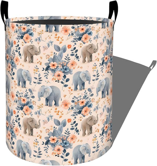 Gentle Elephant with Pastel Floral Laundry Basket with Handles, 19.7"x15.7" Clothes Foldable Laundry Hamper Organizer for Dorm Nursery Bedroom Bathroom Decor, Toy Storage Bin for Kids
