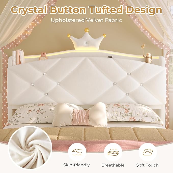 MSmask Full Bed Frame with LED Lights, Princess Upholstered Bed with Headboard with Charging Station & Crystal Button & Crown, Velvet Platform Bed for Girls, Solid Wood Slats, Curved Legs, White