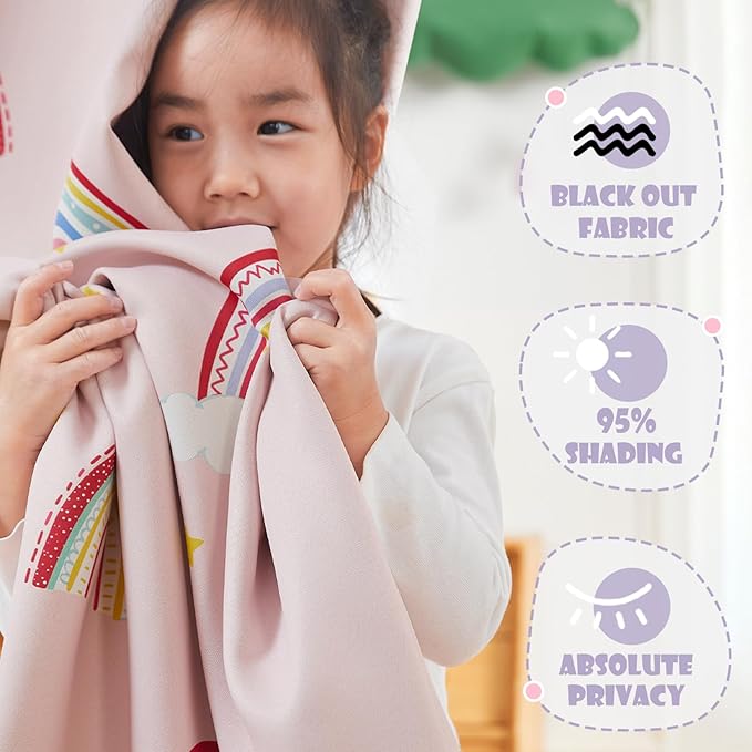 Vangao Boho Girls Blackout Curtains Pink for Kids Room 63 Inch Length, Rainbow Window Drapes for Living Room Nursery Thermal Grommet Insulated Room Darkening Curtains Bedroom, 2 Panels