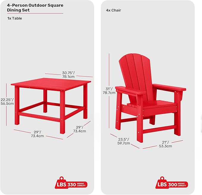 Costaelm Paradise Kids 5-Piece HDPE Outdoor Square Patio Dining Table and Chairs Set, Red