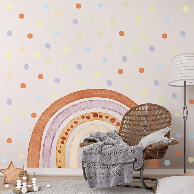 Large Rainbow Wall Decals, Colorful Watercolor Rainbow Wall Stickers, Peel and Stick Pastel Polka Dots Wallpaper for Girls Bedroom Nursery Classroom Wall Decor