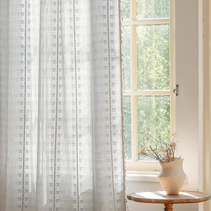 Deeprove Silver Grey Boho Curtain 84 inches Length for Living Room Bedroom Nursery Doorway, Cream Bohemian 84 inches Long, Stripe Embroidery Privacy Window Fringe Christmas Decor W52 x L84, 1 Panel