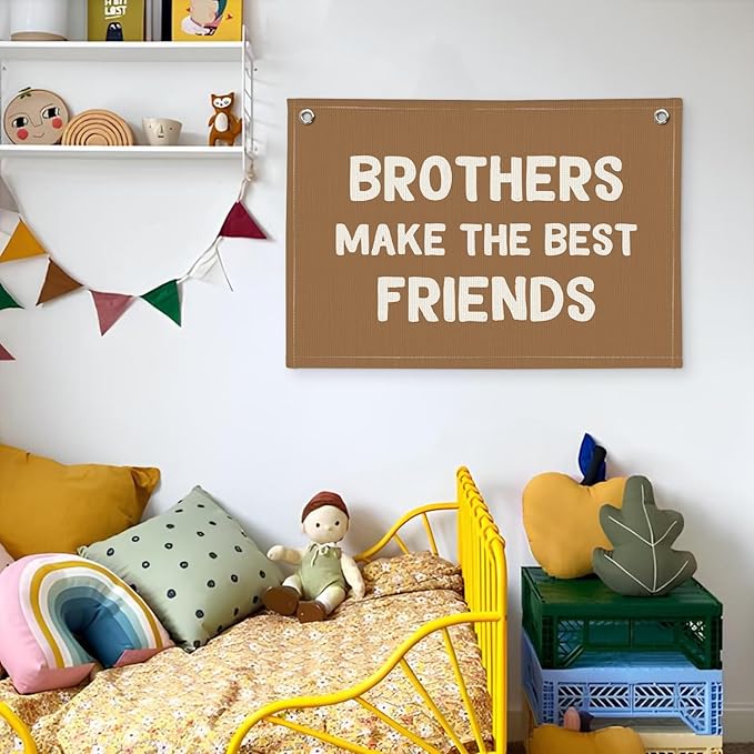 Brothers Make The Best Friends Banner, Boys Room Decor, Toddler Boy Linen Banner Wall Hanging Flag Decor for Nursery 20x30 - Beige