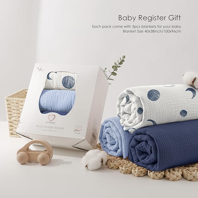 Bearmoss Muslin Swaddle Blankets, 40 x 38 inches Baby Swaddle for Boys and Girls, Soft Baby Blanket, 3 Pack Breathable Nursery Receiving Blankets (Bluemoon)
