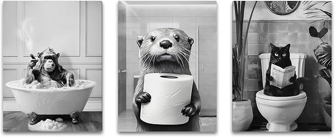 Framed Black and White Bathroom Wall Decor, Funny Animals Canvas Wall Art, Cute Otter Holding A Roll of Toilet Paper, Chimpanzee in Bathtub and Cat Reading Newspaper on the Toilet Pictures 16'' x 12''