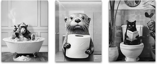 Framed Black and White Bathroom Wall Decor, Funny Animals Canvas Wall Art, Cute Otter Holding A Roll of Toilet Paper, Chimpanzee in Bathtub and Cat Reading Newspaper on the Toilet Pictures 16'' x 12''