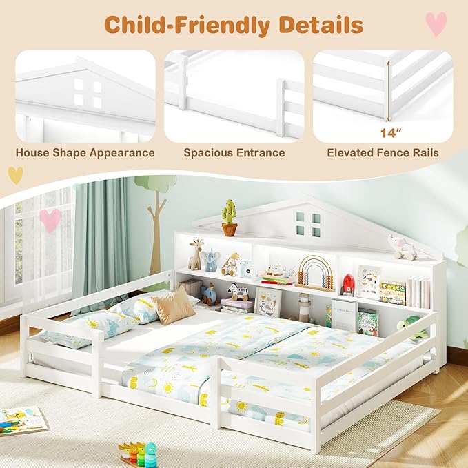 KOMFOTT Full Floor Bed with Bookcase & LED Light, Wood Bed Frame with Bedside Bookshelves & Guardrails, Versatile 2-in-1 Montessori Floor Bed for Kids
