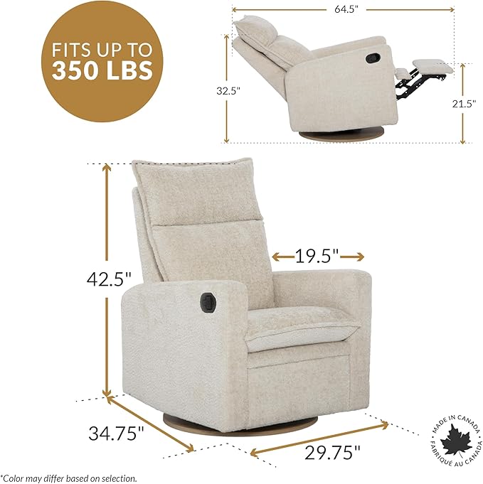 Jaymar Arya Modern Nursery Glider Recliner Chair – Cozy Nursing Chair with 360° Swivel for New Parents, Gentle Motion, Compact Design, High Back & Low Armrests, Canadian Made (Sand/Como Fabric)