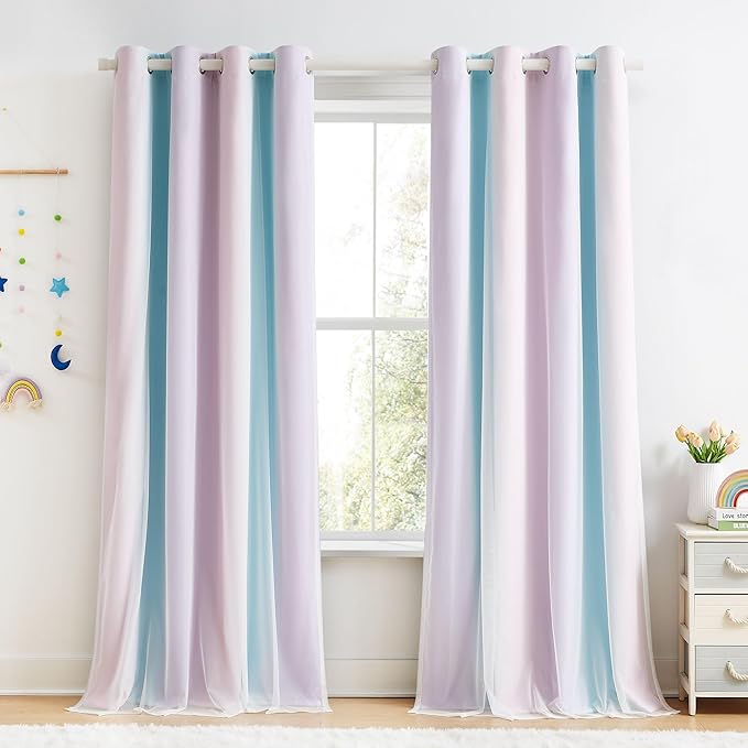 100% Blackout Curtains with Sheer Overlay Mix and Match Double Layer Drapes 84 Inch Long 2 Panels for Room Bedroom Ombre Rainbow Grommet Window Treatment with Tiebacks