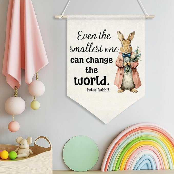 Retro Rabbit Wall Hanging Banner-Even the Smallest One Can Change the World- Canvas Poster,Inspirational Decor for Kids Room,Nursery, Newborn Gift from Parents or Grandparents(KD31)