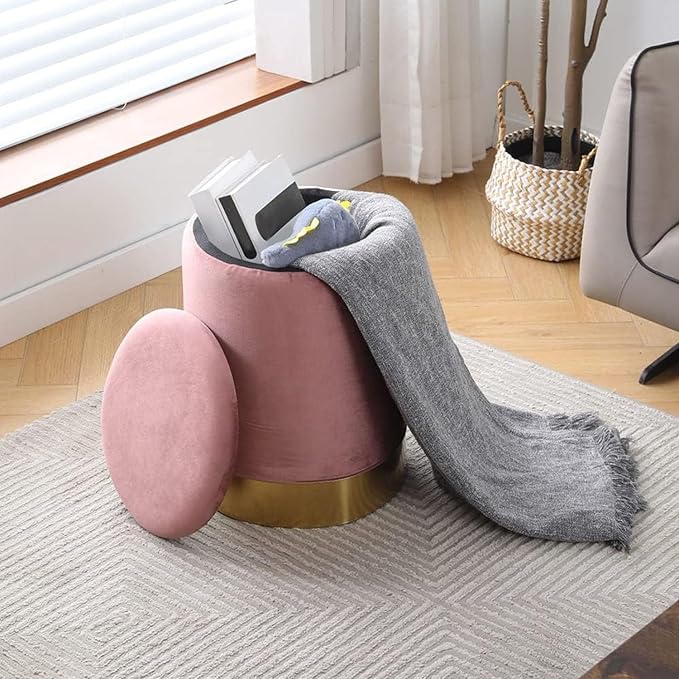 Mxfurhawa Velvet Storage Ottoman Multipurpose Footrest Stool with Metal Base Modern Round Vanity Stool Chair Ottoman Foot Stools Support 300 lbs Padded Seat for Living Room (Dusty Rose (Velvet))