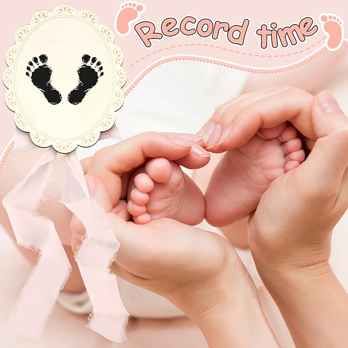 Baby Announcement Sign 7 Inch Double Sided Wooden Hello World Newborn Engraved Sign with Organza Bag Marker Pen Ink Pad Ribbon Bow for Baby Shower Hand Footprints Photo Prop (Pink Bow)