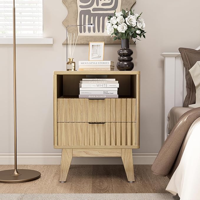 Nightstands with Charging Station, Modern Fluted 2 Drawers End Tables, Side Tables with Storage Shelf for Bedroom, Office, Natural Oak