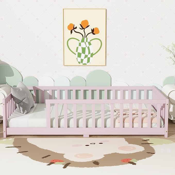 Ball & Cast Twin Size Montessori Floor Bed,Wooden Floor Bed Frame with Wood Slats,Montessori Toddler Bedframe W/Door and Safety Guardrails for Girls Boys,Bedroom,Playroom,No Box Spring Needed,Pink