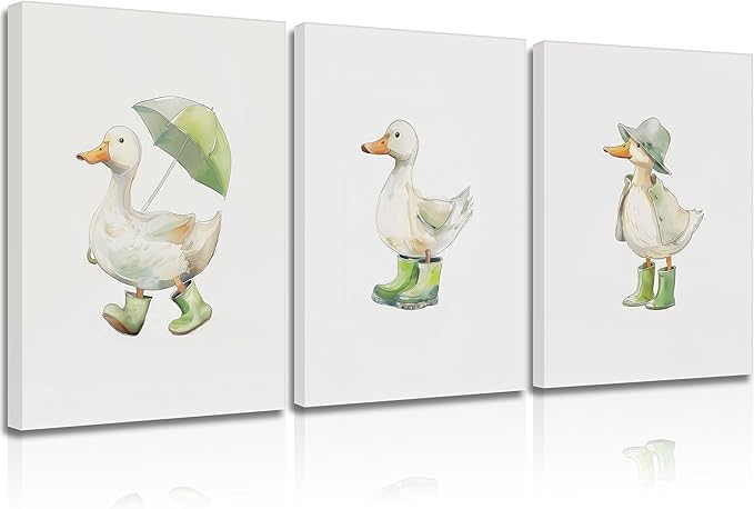 3Pcs Baby Animal Nursery Wall Art Funny Green Rain Gear Duck Painting Picture Wall Decor This Set of 3 Happy Ducks Wearing Green Boots Poster Print Artwork for Kids Boys Room Bedroom Decorate,Framed