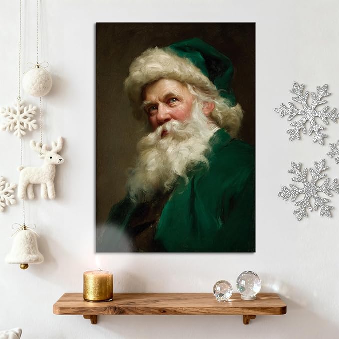YONICA Christmas Canvas Wall Art Green Santa 20x30 Inch Historical Christmas Figure Art - Large Framed Gallery Wrapped Collectors Edition