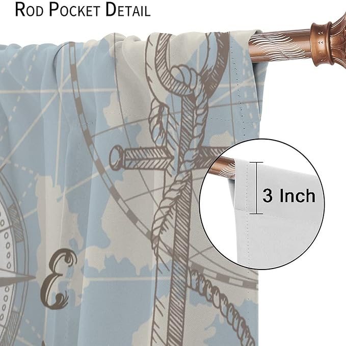 Nautical Theme Window Draperies, Pirate Sailboat Curtains for Bedroom & Living Room, Ocean Window Treatment - 2 Panels, 42x54 Inches