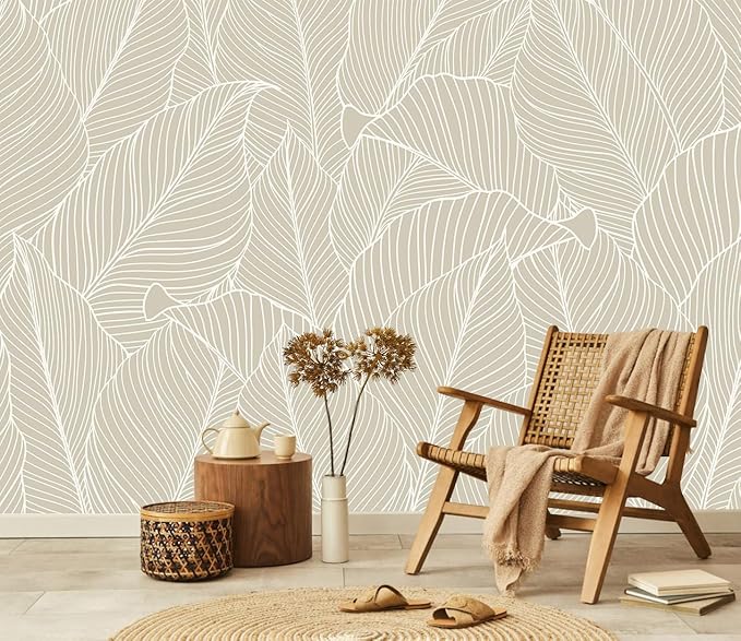 Tropical Palm Leaf Beige Wallpaper Peel and Stick Botanical Leaf Pattern Art Self Adhesive Wall Mural for Living Room Bedroom 157"x108"