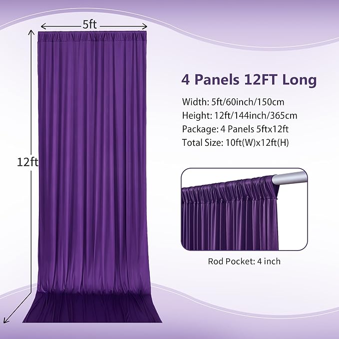 20×12ft Wrinkle Free Purple Backdrop Curtain for Wedding Parties, 4 Panels 5×12ft Long Soft Silky Polyester Backdrop Drapes Photo Back Drop Curtains for Girls Party Photography Background Cloth