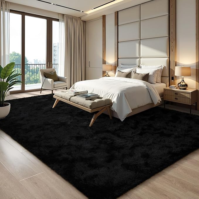EVOIONOS 6x9 Washable Large Area Rug for Living Room, Fluffy Shag Rug for Bedroom, Ultra Soft Plush Non Slip Carpet for Indoor Floor Bedside Nursery Kids Girls Room Dorm, Home Decor Aesthetic, Black