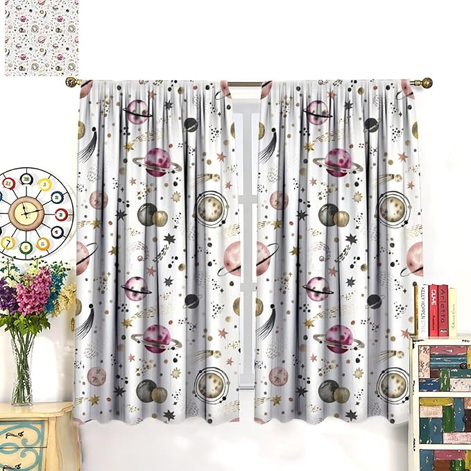 Kids Outer Space Curtains, Cartoon Galaxy Planet Universe Starry Starts Printed Window Drapes for Boys Girls Teens Bedroom Nursery 63" W X 63" L