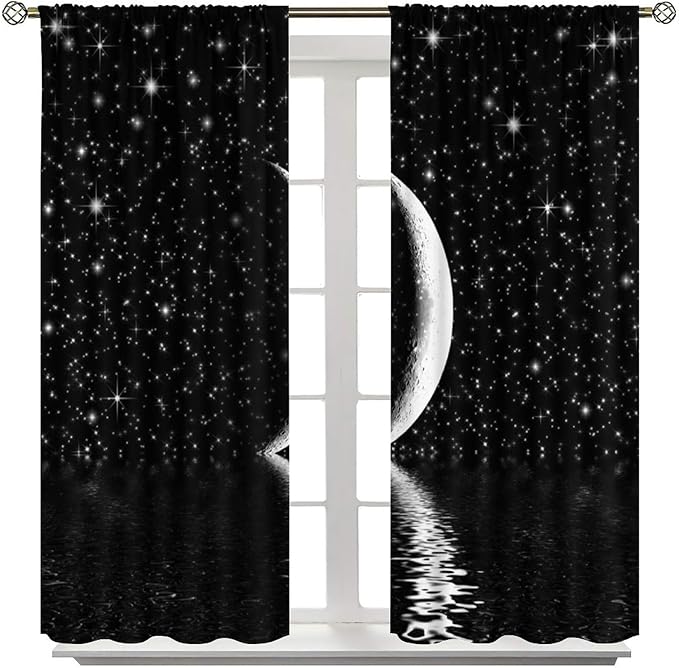 Night Starry Sky Curtain, Black Moon Phase Cloud Stars White New Moon Sparkly Shiny Galaxy Space Lake Fantasy Window Curtains for Kids Boys Girls Room Bedroom Living Room 42" W X 63" L