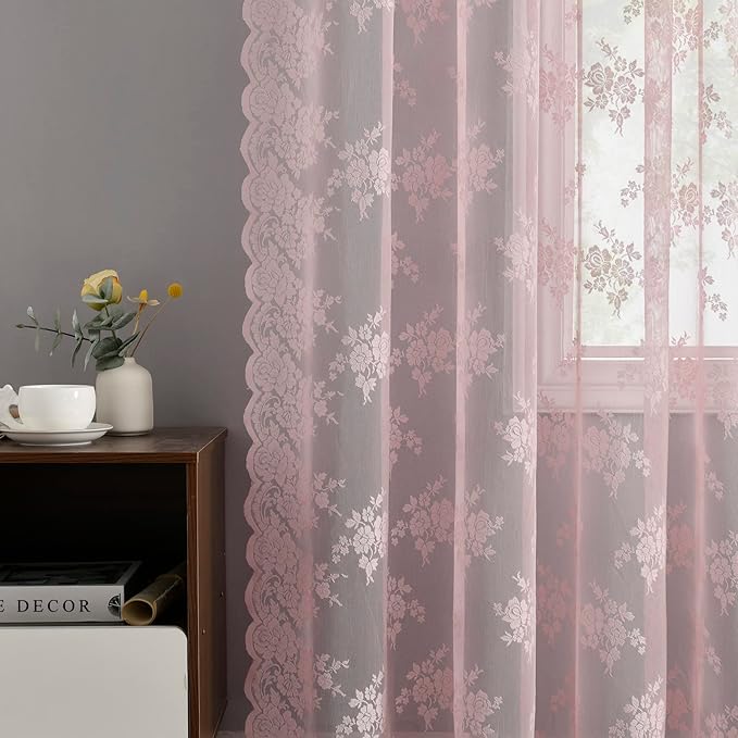 Kotile Pink Lace Curtains 45 Inch Length, Vintage Floral Embroidered Short Lace Cafe Curtains for Small Windows, Rod Pocket Privacy Sheer Lace Curtain 2 Panels Set, Each 52 x 45 Inch, Pink