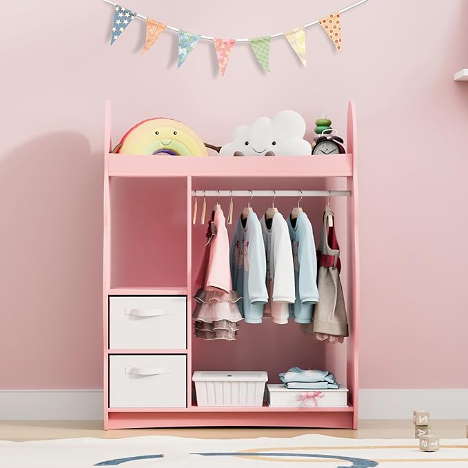 Kids Dress Up Storage Rack Mirror Wood Child Wardrobe 2 Hooks 2 Fabric Bins Toddler Closet Girls Boys Open Hanging Armoire Storage Shelf Coat Costume Hat Shoe (Pink/Cloud/Two Drawers)
