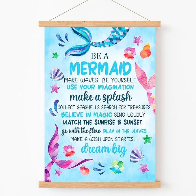 Qswo Mermaid Inspirational Wall Art,Teen Girl Wall Art Poster Hanger Frame,Motivational Hanging Canvas Wall Decor for Girls Room Dorm Nursery