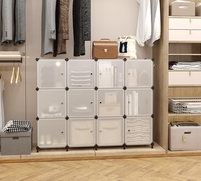 AWTATOS 12 Cube Storage Organizer with Doors, DIY Plastic Closet Shelf, Modular Bookshelf, Stackable Shelving Rack for Bedroom, Living Room, Translucent ULPZ011