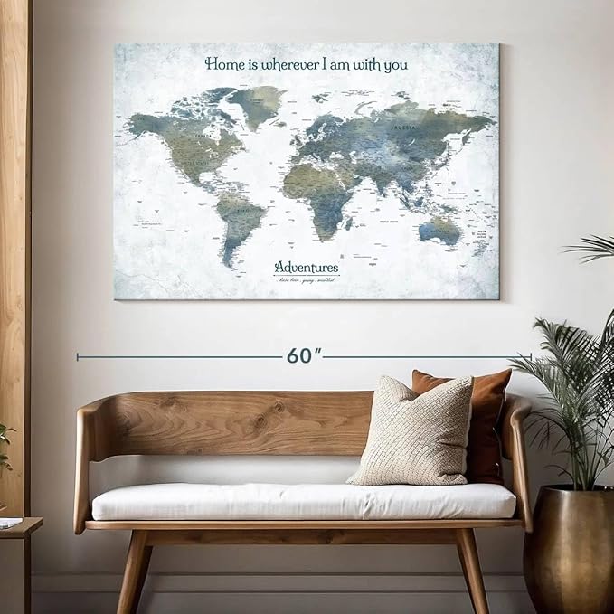 ElephantStock - Home With You II Push Pin World Map Wall Art - Horizontal Canvas Wall Art - Living Room Wall Decor - Digital Art Map Canvas Art - Blue And Gray Decor - 51" x 34"