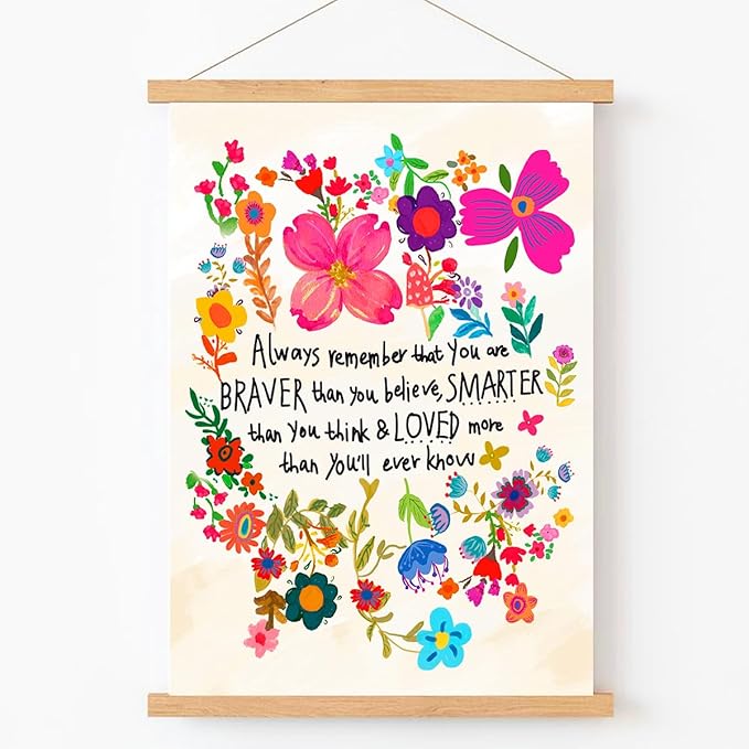 Qswo Inspirational Quotes Wall Decor for Women,Always Remember That You Are Braver Than You Believe Wall Art Poster Hanger Frame,Motivational Hanging Canvas Wall Decor for Girl Room Home Office
