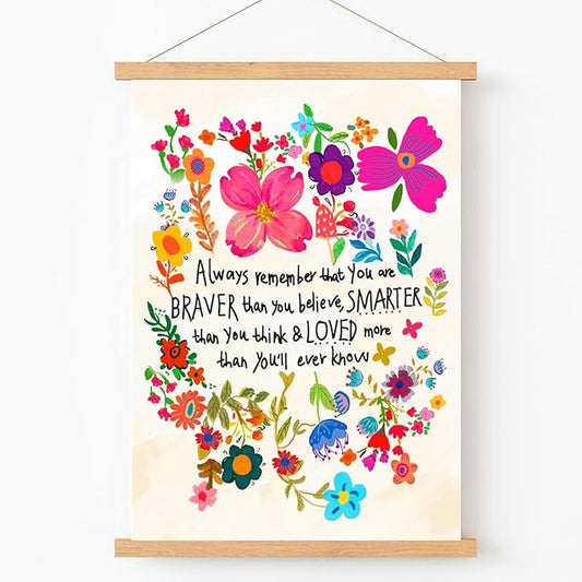 Qswo Inspirational Quotes Wall Decor for Women,Always Remember That You Are Braver Than You Believe Wall Art Poster Hanger Frame,Motivational Hanging Canvas Wall Decor for Girl Room Home Office