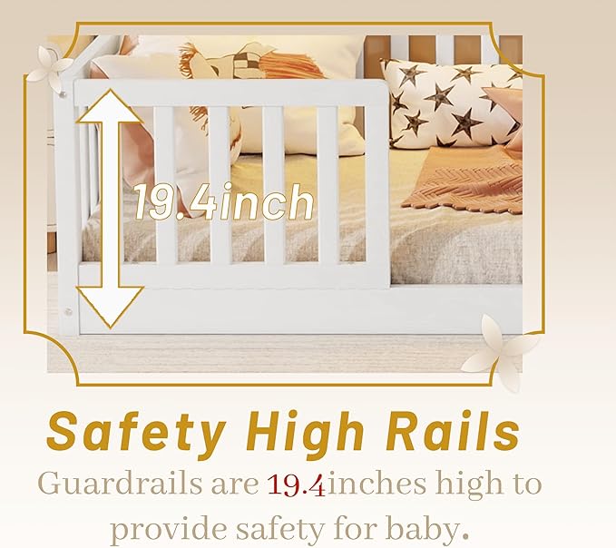 Twin Size House Bed for Kids, Low Profile Montessori Bed Twin with High Railings, Wood House Shape Montessori Beds with Light & Roof for Kids, White
