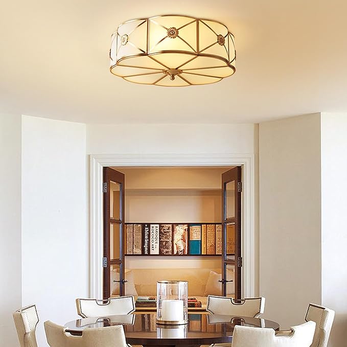 MIXL- Brass Flush Mount Ceiling Light, Flower Shaped 3-Light LED Ceiling Lamp, Frosted Glass Shade Modern Light, Close to Ceiling Light Decorative for Bedroom Living Room(13.77" W)