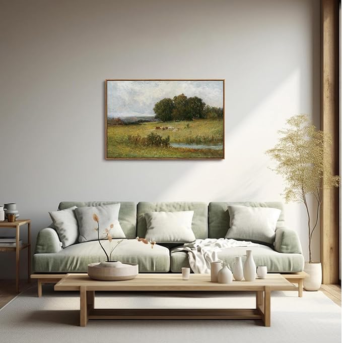 OIQArtOIQ Vintage Landscape Canvas Wall Art Framed Natural Scenery Painting Artwork Prints France Country Wilderness Farmhouse Decor Pictures Kitchen Bedroom Living Room Bathroom